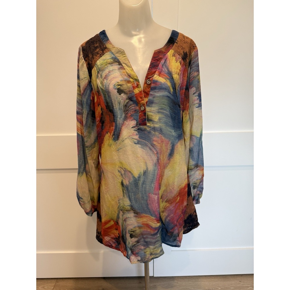 A & A Artwear Boho Tunic Top Multicolor Abstract Watercolor Print Long Sleeve XL
